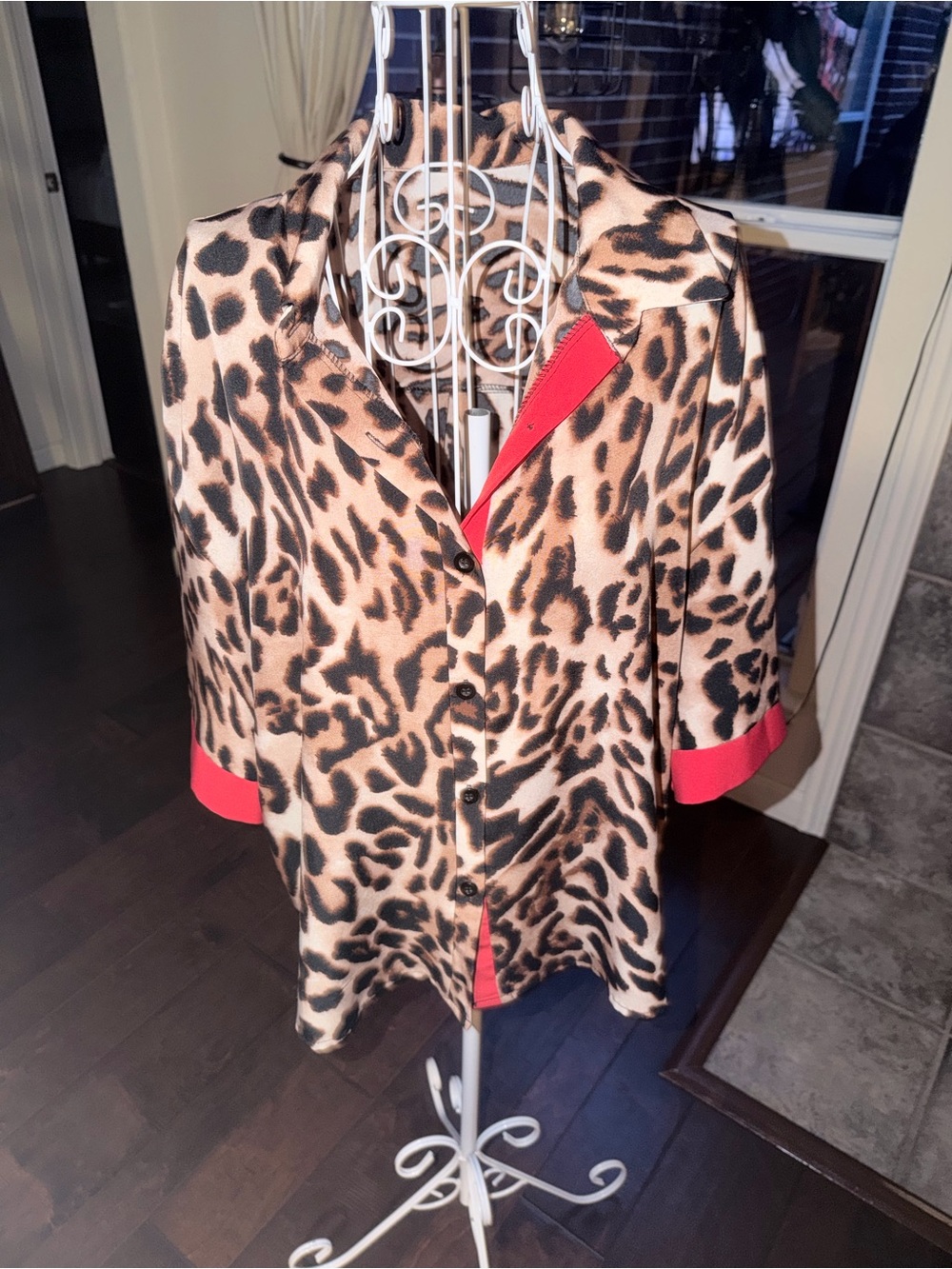 Leopard Print Women's blouse with Red Cuff Accents